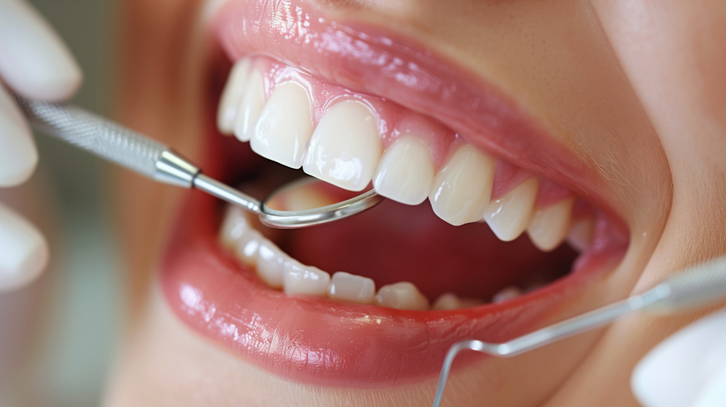 Dental examination with a focus on healthy white teeth and denta